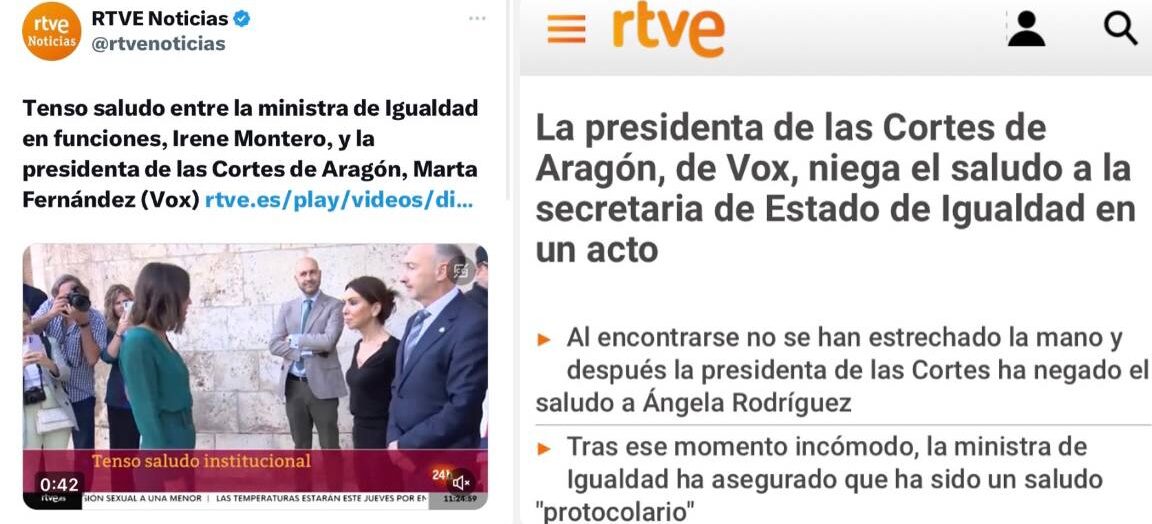 Tras las críticas, RTVE rectifica su tratamiento sobre el desplante de Marta Fernández (VOX) a Irene Montero